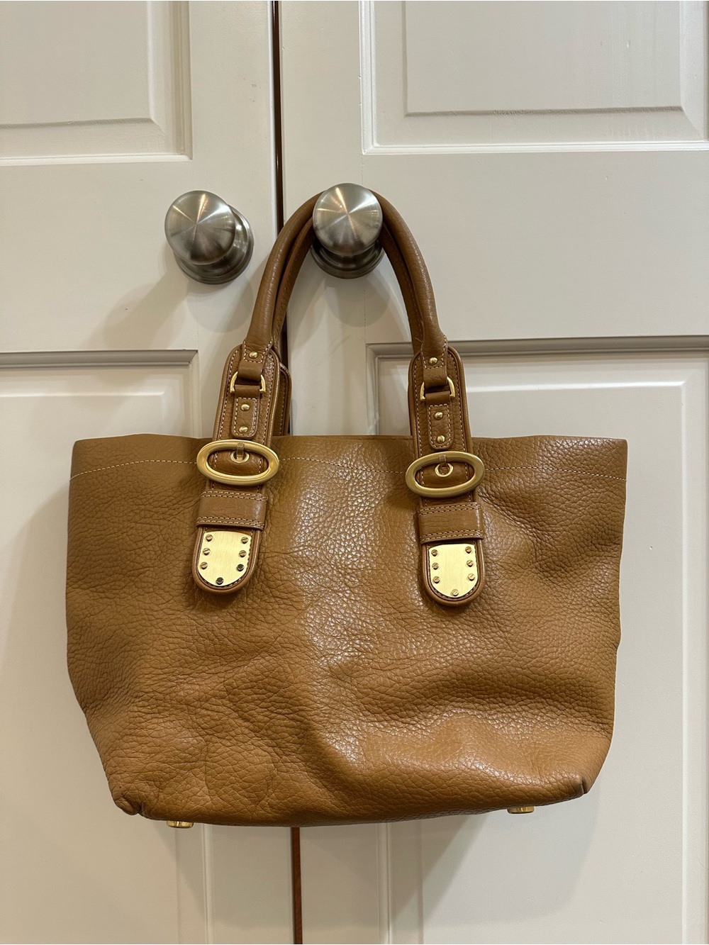 Maxx New York Pebbled Leather Tote Bag in Tan with Gold Hardware